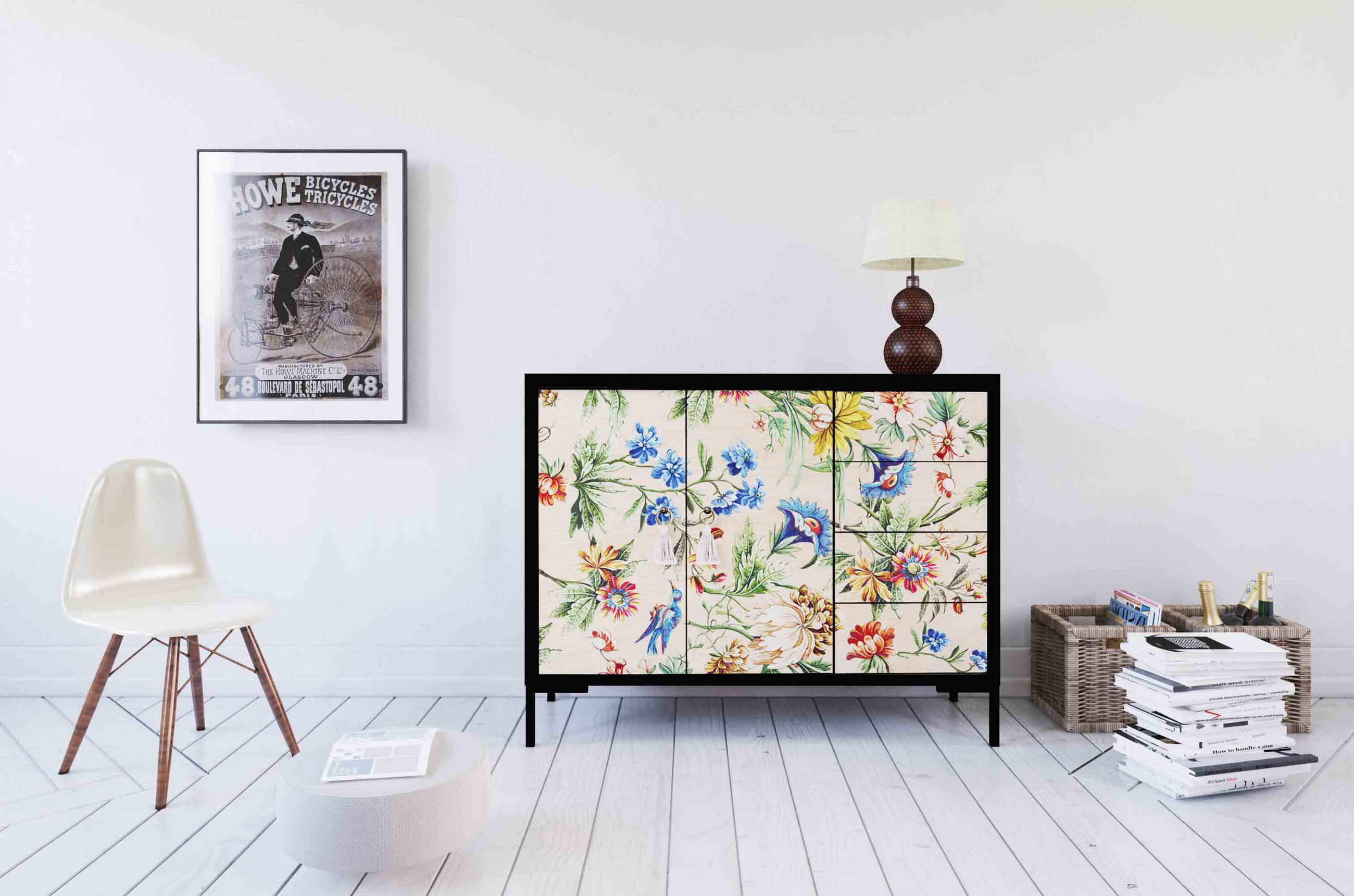 KOMMODE mit 2 Türen und 4 Schubladen aus MDF Blumendruck WILMA AMAZONIA - Blau/Multicolor, Holzwerkstoff (45/84/113cm) - RNT By Really Nice Things