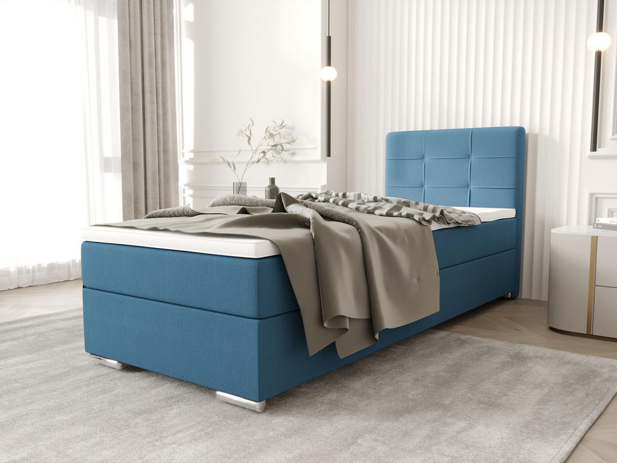 BOXBETT ZILANO 1 mit Matratze H3 und Topper 80x200 Cosmic 5 links - Blau, Holz/Textil (80/200cm) - Bedante
