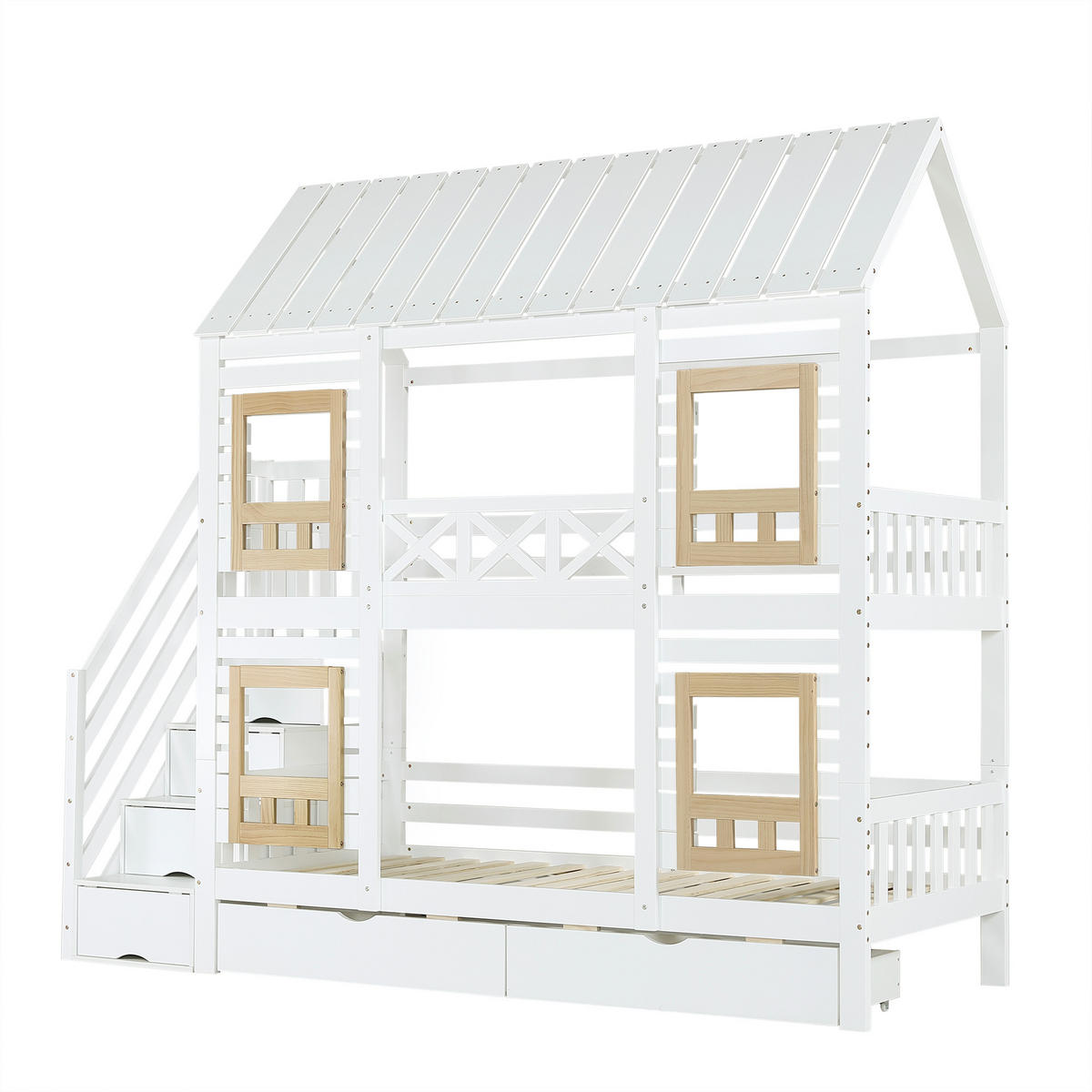 ETAGENBETT Kinderbett Weiß+Natur 90x200cm - Naturfarben, Holz (90/200cm) - ComfortXL