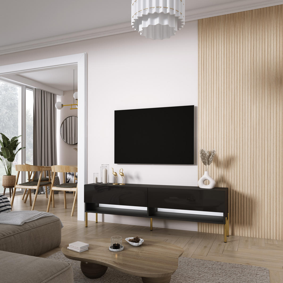 TV-LOWBOARD 170 cm Mattschwarz / Hochglanzschwarz, gerade goldene Beine, weiße LED, 170 × 32 × 52 cm - Schwarz, Holzwerkstoff (170/52/32cm) - 3XE LIVING