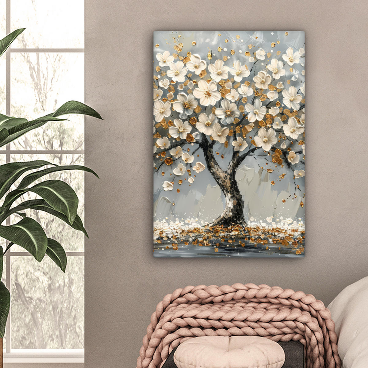 LEINWANDBILD Baum - Blumen - Weiß - Natur - Kunst Wanddeko Schlafzimmer 60x90 cm - Weiß, Textil (60/90cm) - MuchoWow