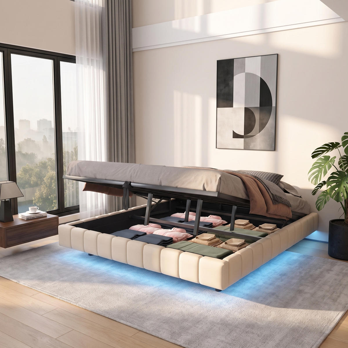 POLSTERBETT 180x200 cm mit Bettkasten, Doppelbett 180x200 cm mit LED, Stauraumbett mit Hydraulik, Beige Leinenstoff - Beige, Holz/Metall (180/200cm) - GENKI LIVING