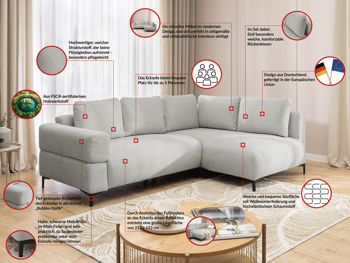 ECKSOFA Cardea in Bubble-Optik aus weichem Hellgrau Strukturstoff mit hohem Sitzkomfort - Ottomane rechts - Hellgrau/Schwarz, Holz/Textil (230/170cm) - S-Style Möbel