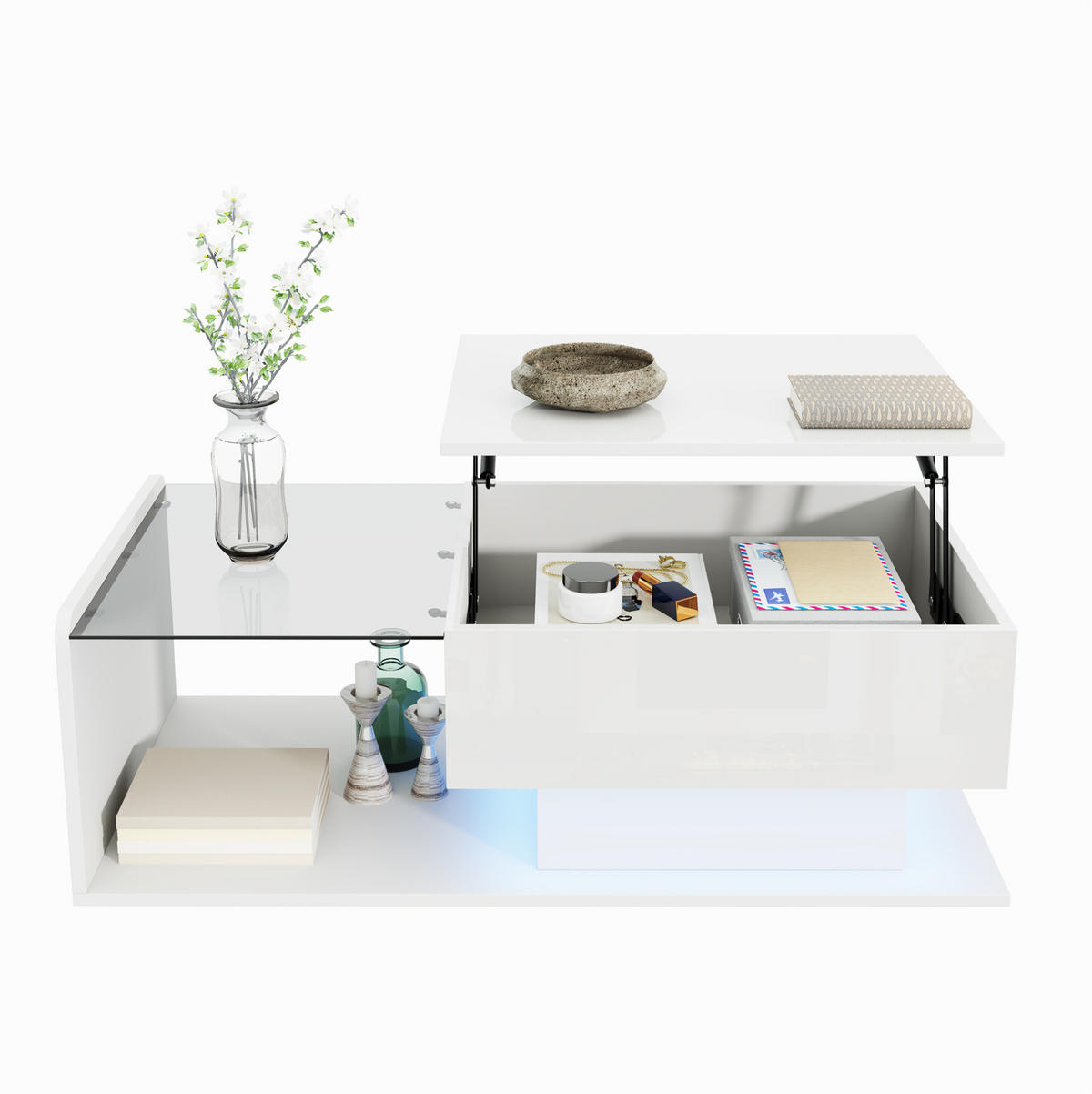 KONFERENČNÍ stolek, 100/50/33-47,5 cm bílý, s výškově nastavitelnou deskou a LED - bílá, kompozitní dřevo (100/50/47.5cm) - BEAOK