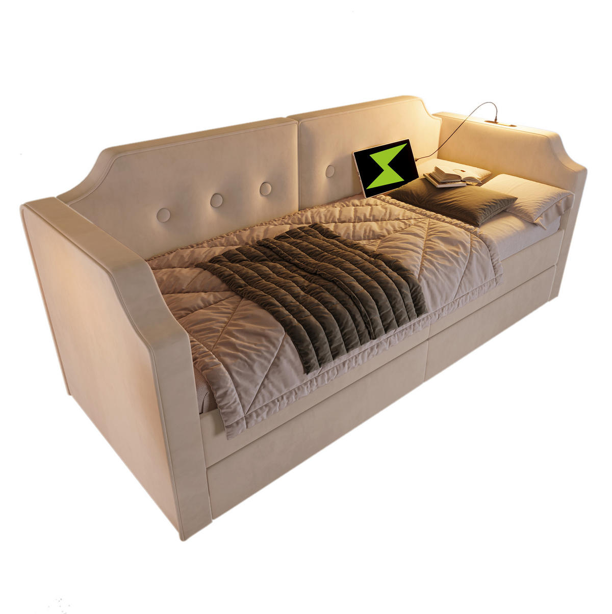 POLSTERBETT 90/200 cm aus Samt mit 2 Schubladen und USB- und Type-C-Anschlüssen - Beige, Textil (90/200cm) - Flora Grace