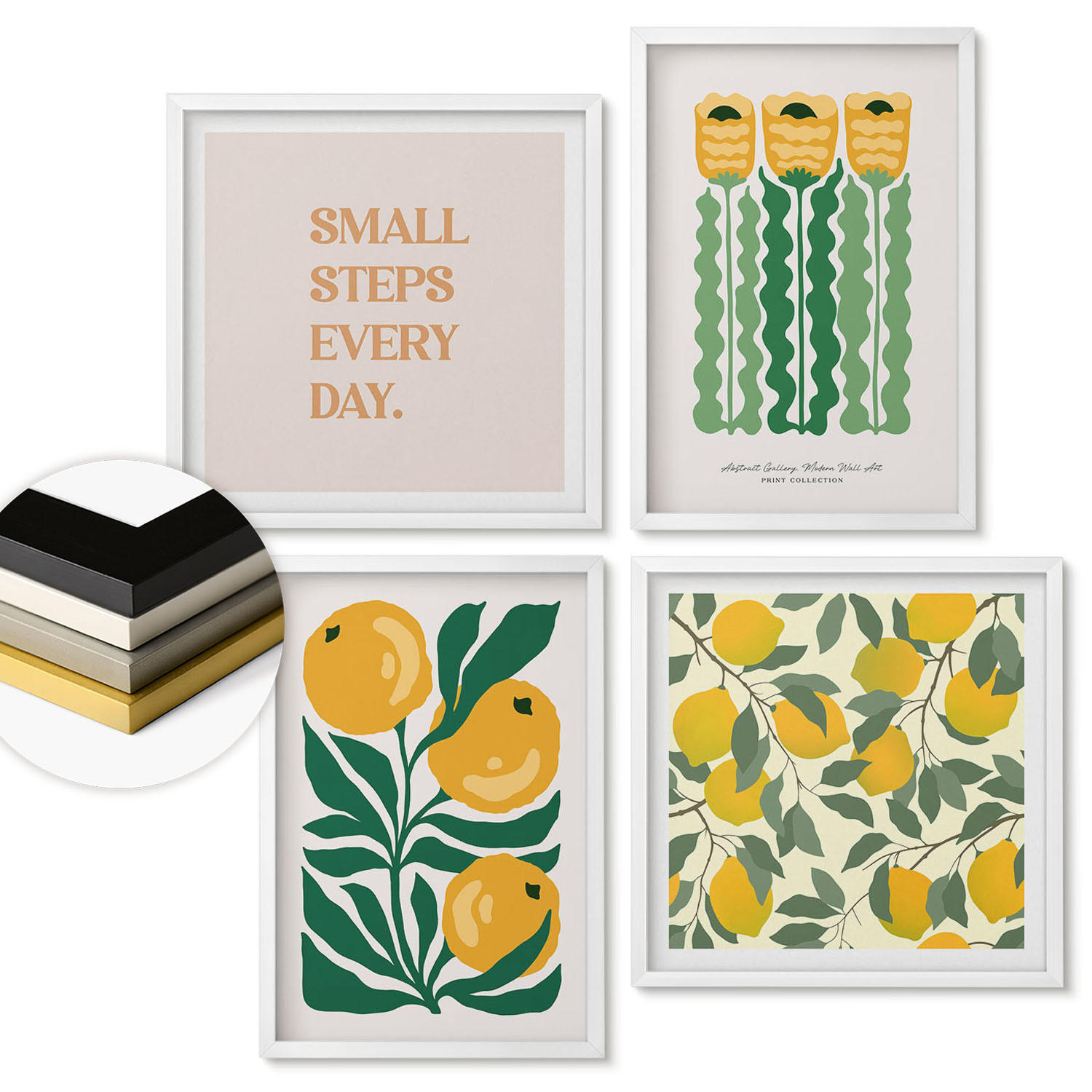 WANDBILDER 4er-Set - 50x50 cm & 40x60 cm Weißer Rahmen - Pflanzenmuster mit Blumen - Weiß, Kunststoff (50/50cm) - ArtPrintCave