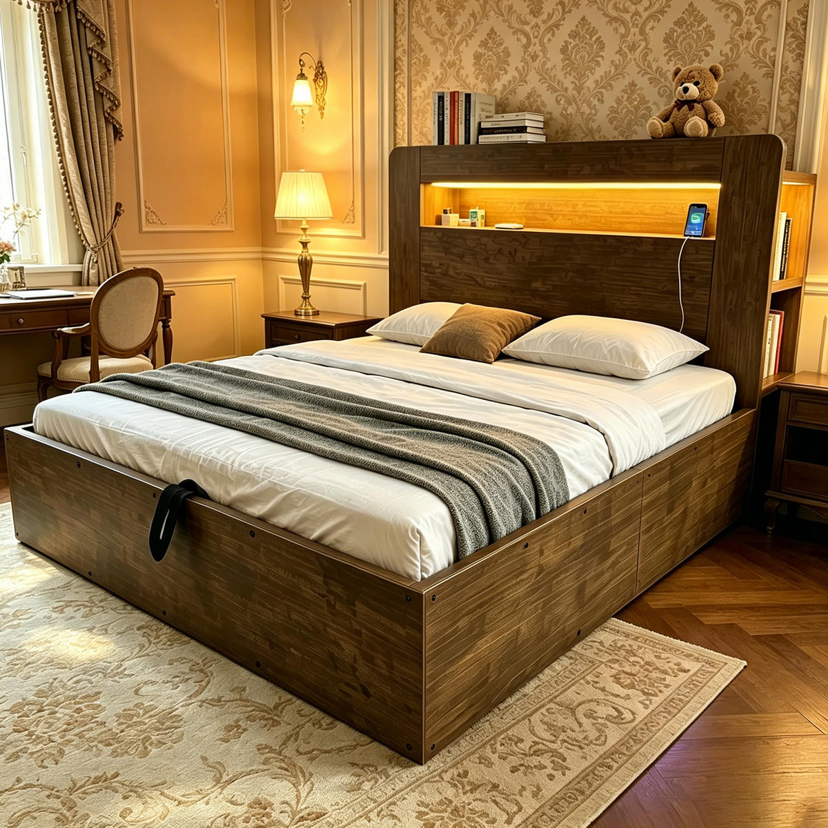 BETT 140/200 cm in Vintage-Holz mit Stauraum, LED und Steckdosen - Nussbaumfarben, Holz/Holzwerkstoff (140/200cm) - WISHDOR