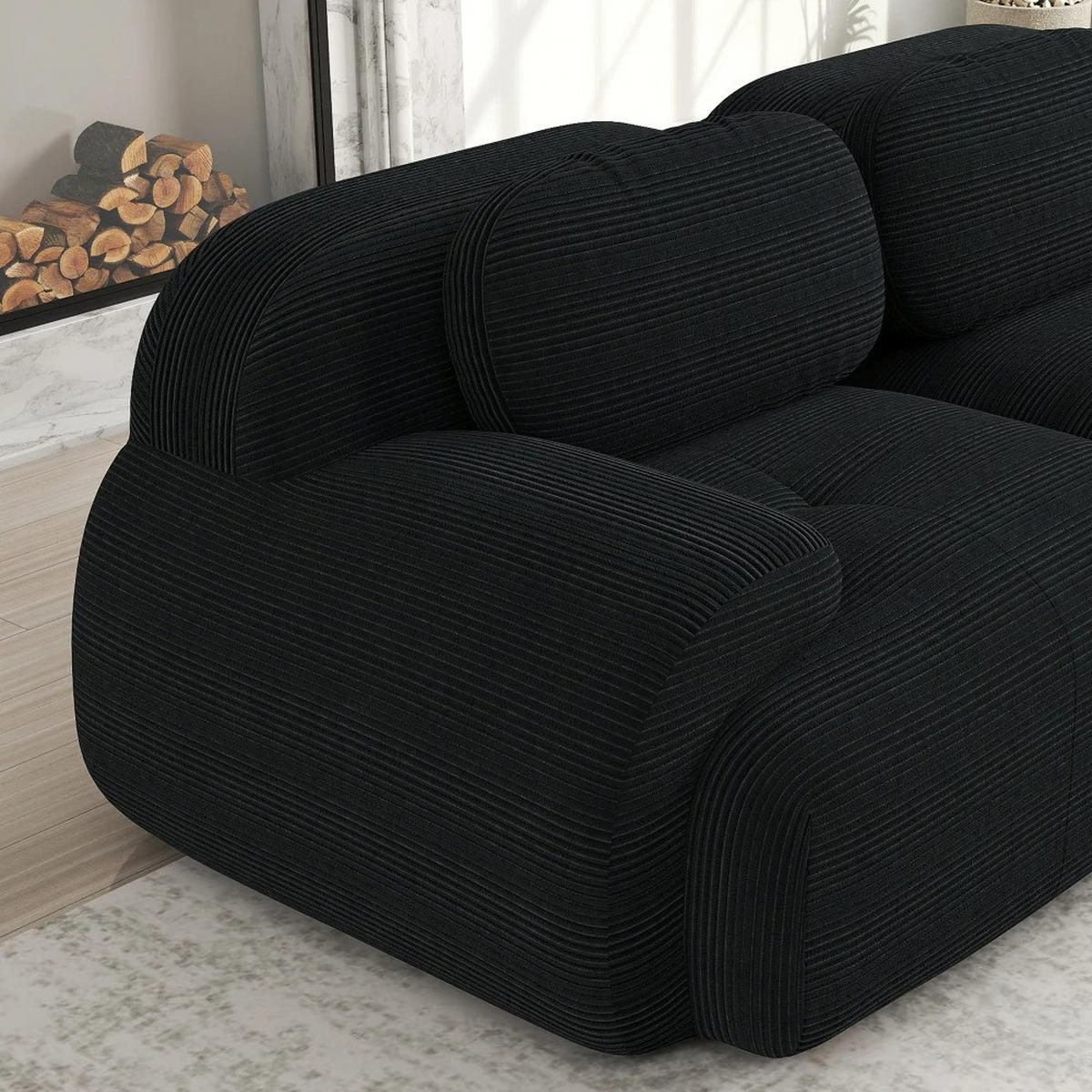 ECKSOFA aus weichem Kordelstoff, modular kombiniert mit gebogenen Armlehnen, Schwarz - Schwarz, Textil (208/70/178cm) - Kaket