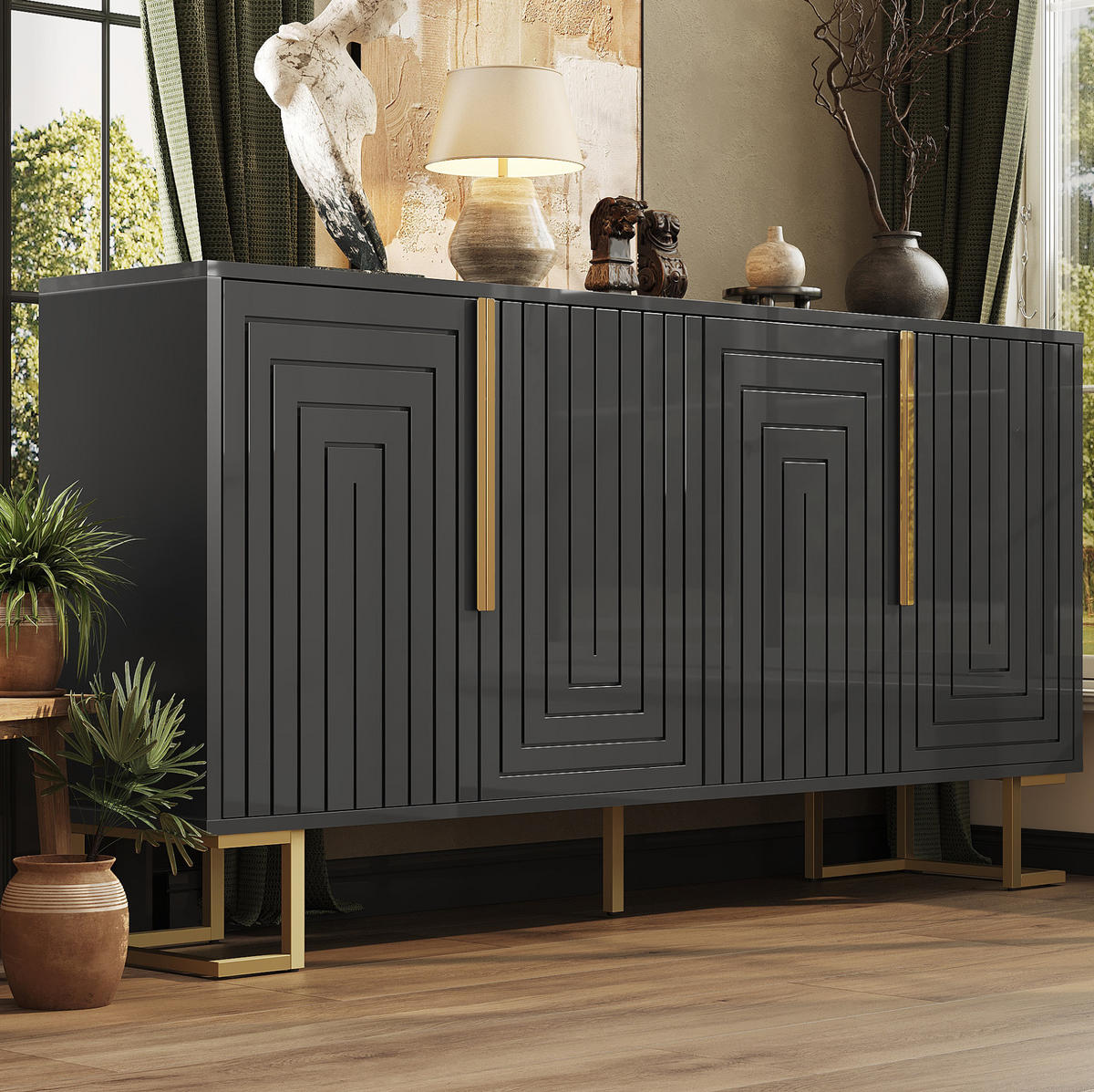 SIDEBOARD aus MDF 152x40x75 cm Schwarz mit 2 Türen, 4 Fächern, geometrischer Front und Kippschutz - Schwarz, Holzwerkstoff (152/75/40cm) - Modfu