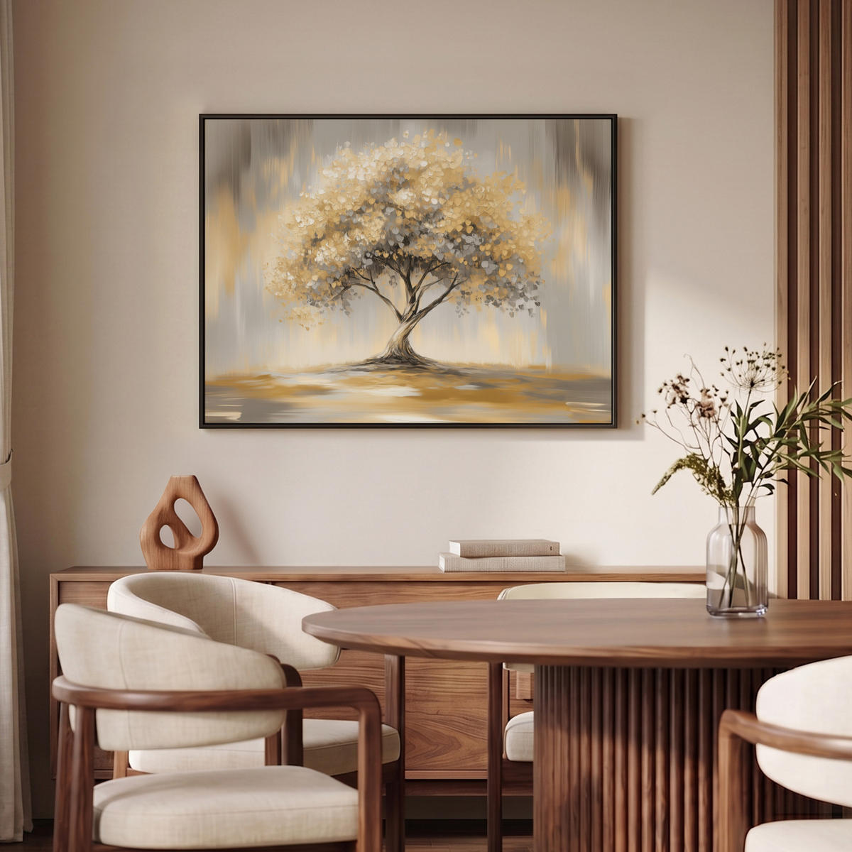 LEINWAND Bilder mit Rahmen - Gemälde - Baum - Abstrakt - Blätter - 100x70 - Beige, Textil (100/70cm) - MuchoWow