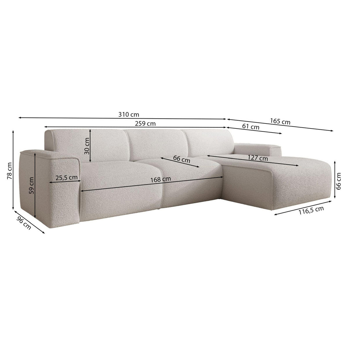 ECKSOFA Bouvi Creme links - Creme/Schwarz, Kunststoff/Textil (310/165cm) - Selsey