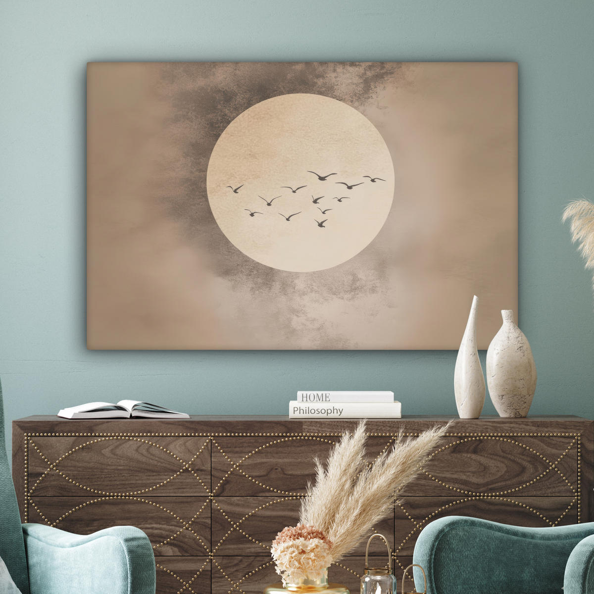 LEINWANDBILD Vogel - Beige - Japanisch XXL 150x100 cm - Taupe, Textil (150/100cm) - MuchoWow