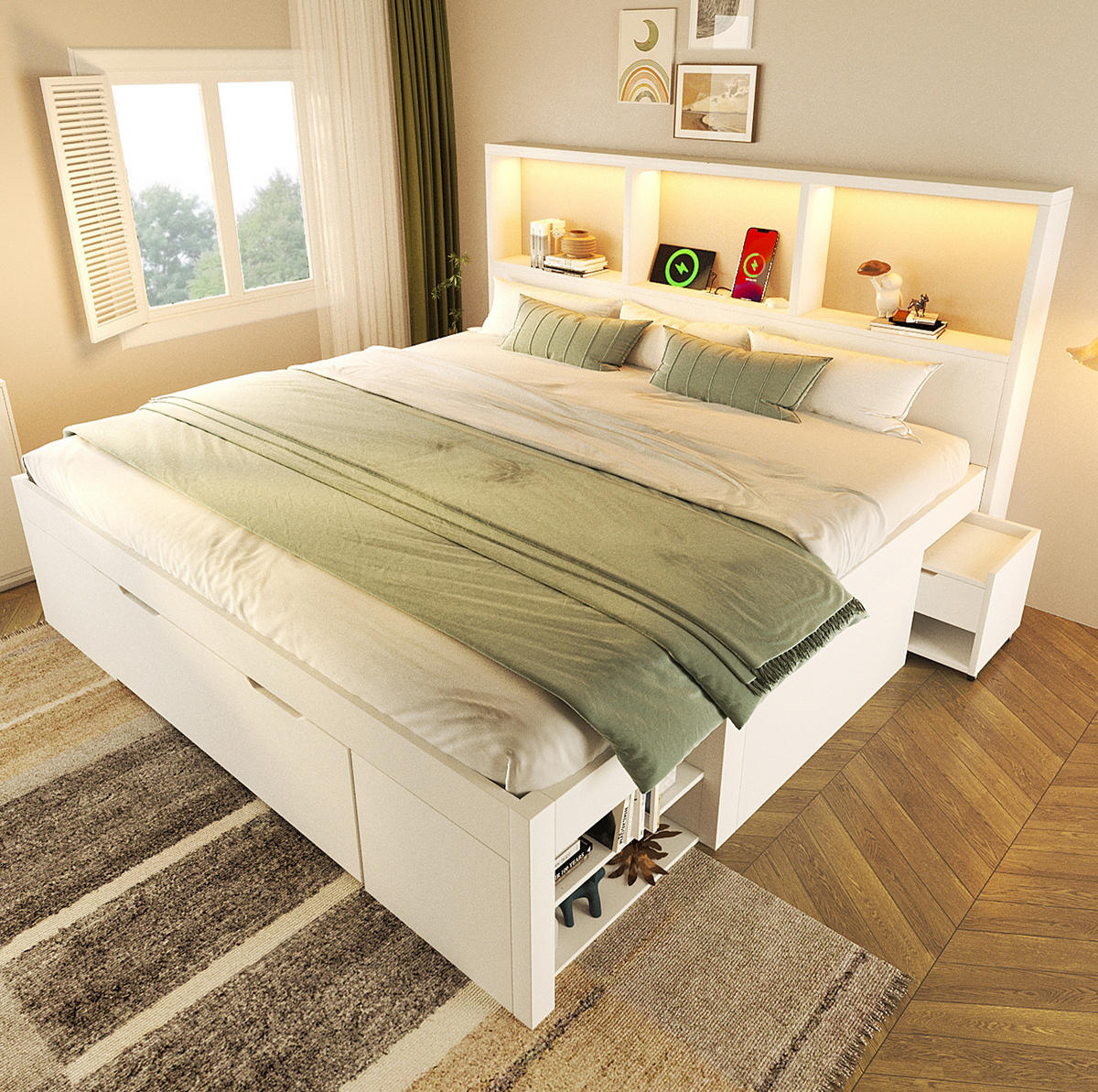 DREVENÁ posteľ 140x190 cm biela s úložným priestorom, LED osvetlením, USB-C a pohyblivým nočným stolíkom - biela, kompozitné drevo (140/190cm) - Modfu