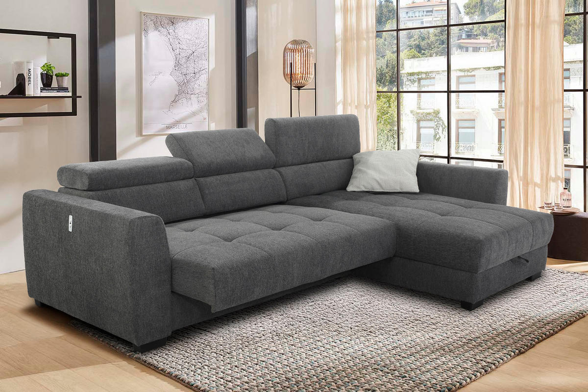 ECKSOFA mit elektrischer Sitztiefenverstellung, Kopflehnen verstellbar, USB-Ladefunktion, Bettkasten B300/T196/H103 cm, Chenille Dunkelgrau / 15409 - Dunkelgrau/Schwarz, Kunststoff/Textil (300/196cm) - luma-home
