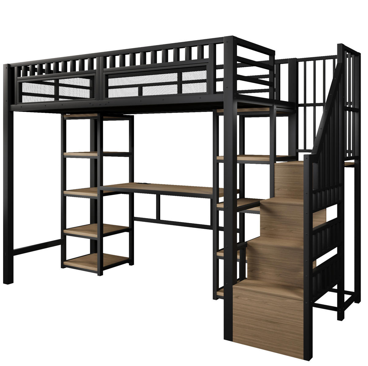 HOCHBETT 90/200 cm in Schwarz mit Schreibtisch, Stauraum und LED-Beleuchtung - Schwarz, Metall (90/200cm) - Flora Grace