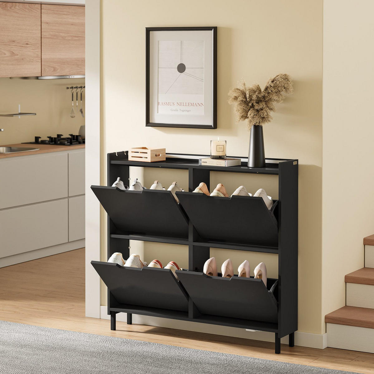 SCHUHSCHRANK mit 4 Klappen und Sensorlicht Schwarz 100x19x93cm - Schwarz, Holzwerkstoff (19/93/100cm) - SoBuy