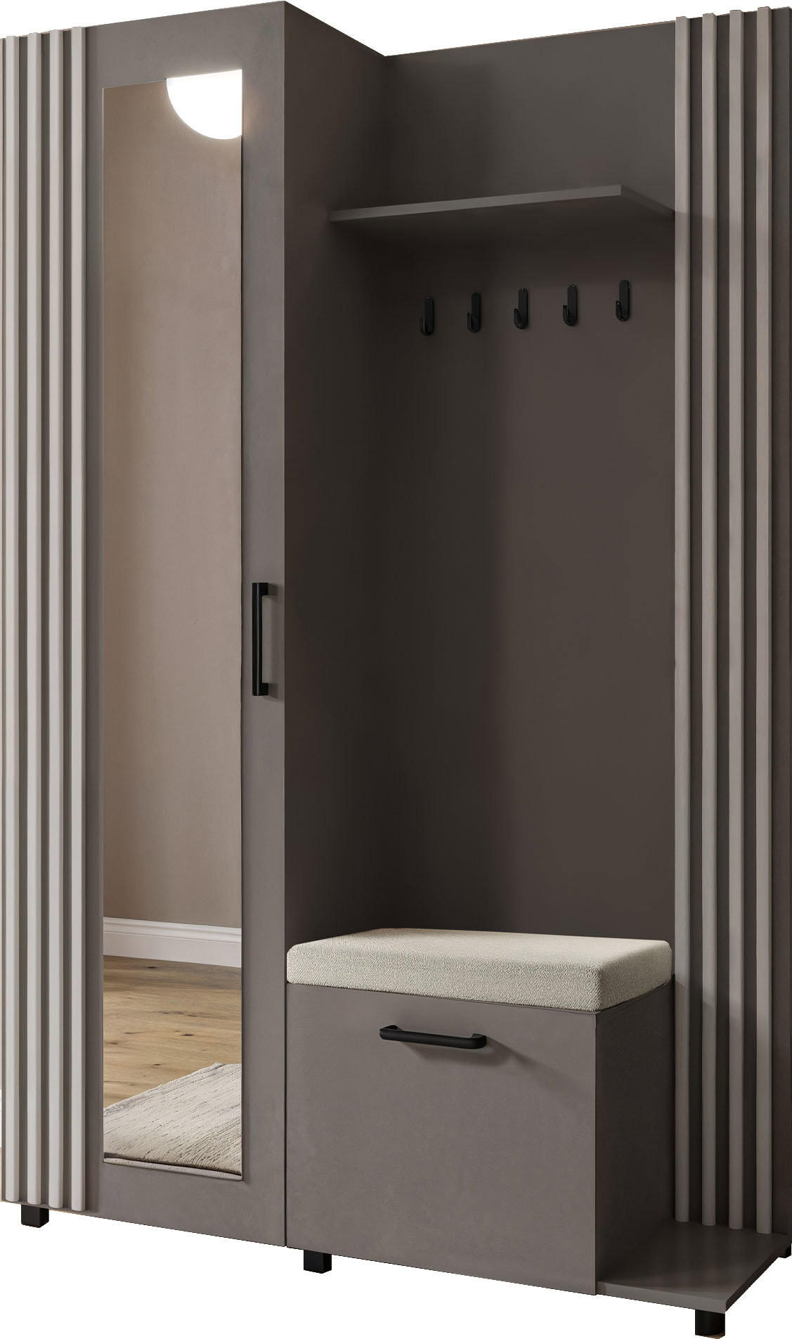 GARDEROBE Linaro mit Spiegel, Sitzbank in Lamellen-Optik 137/207/42 cm, Rechts - Schwarz/Grau, Holzwerkstoff (137/207/42cm) - WFL GROUP