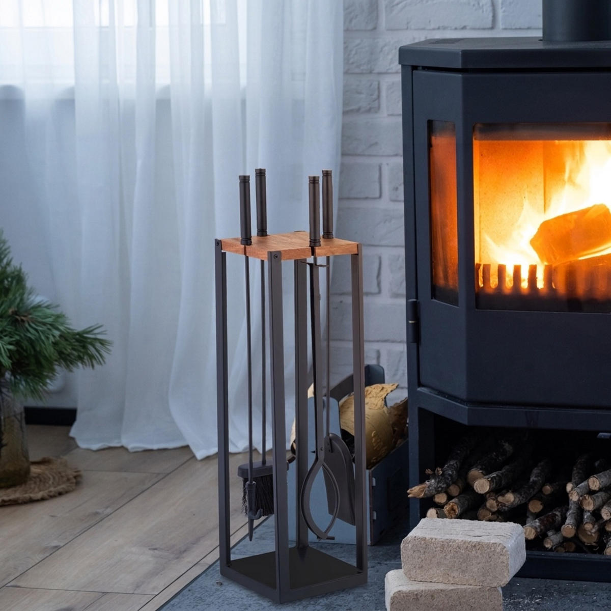 KAMINBESTECK Schwarz Braun 5-tlg.-Set Metall Mangoholz mit Ständer - Schwarz, Holz/Metall (20/78/20cm) - Relaxdays