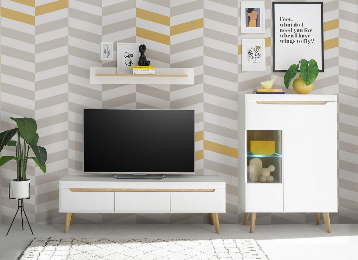 WOHNWAND 3-teilig weiß matt, Eiche, skandinavisch 270 cm, Schrankwand mit Soft-Close-Funktion - Eichefarben/Weiß, Glas/Eichenholz (270/170/40cm) - Furn.Design