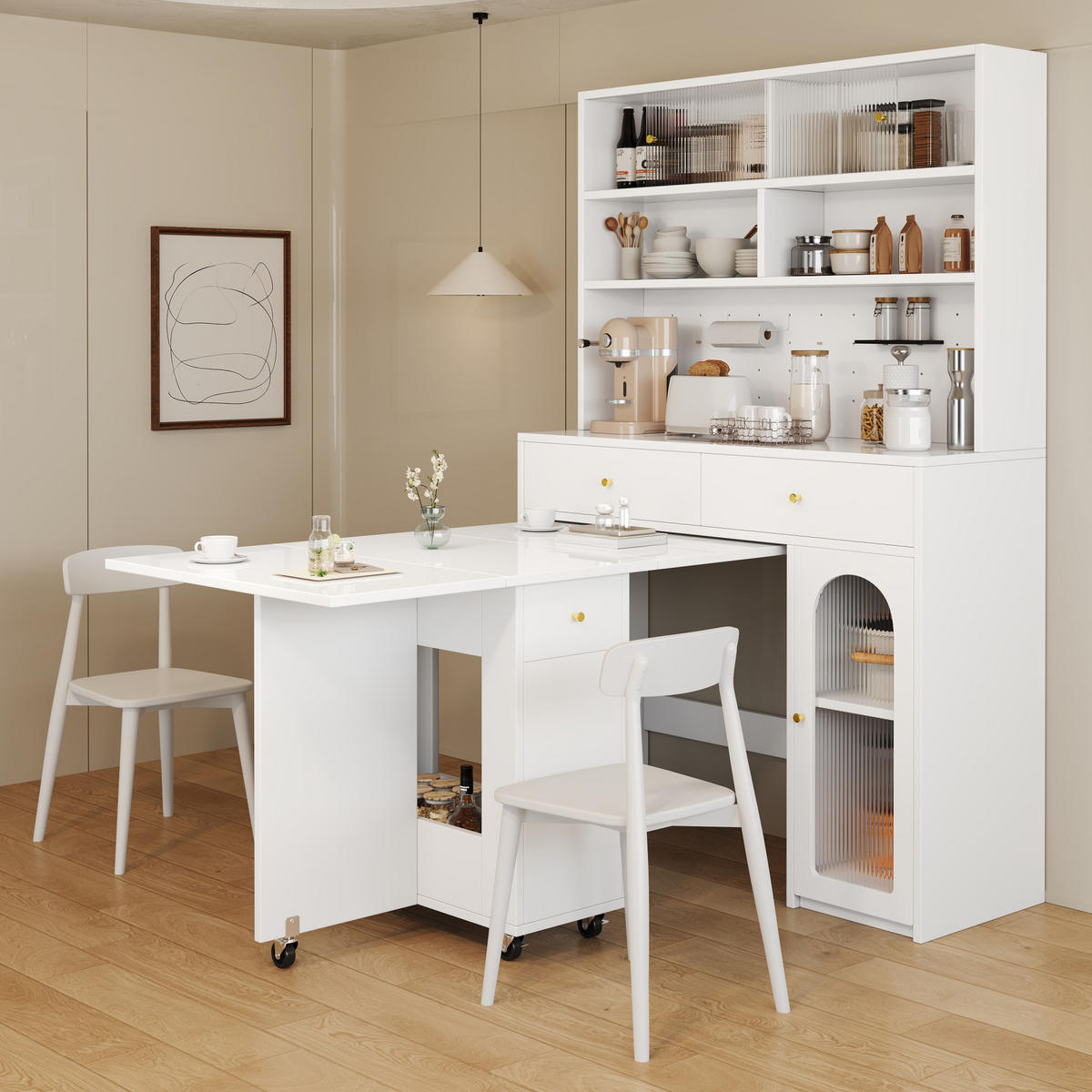 BUFFET aus MDF 120x45x180 cm / 120x75x75 cm Weiß mit klappbarem Esstisch, Rollen und Stauraum - Weiß, Holzwerkstoff (120/180/45cm) - Modfu