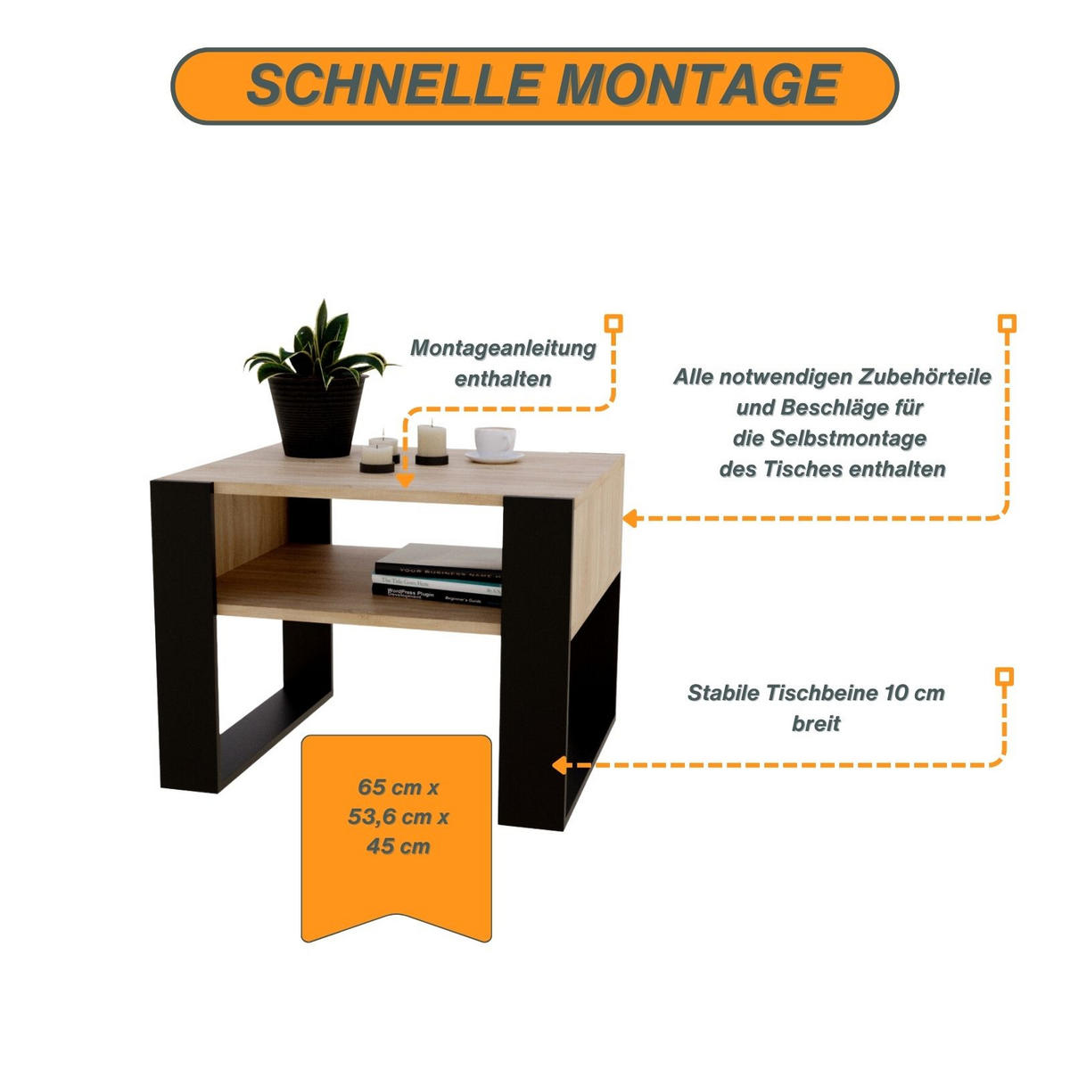 COUCHTISCH Holzwerkstoff rechteckig stabil Sonoma Eiche 45/53,6/65cm - Schwarz/Sonoma Eiche, Holzwerkstoff (53.6/65/45cm) - CraftPAK