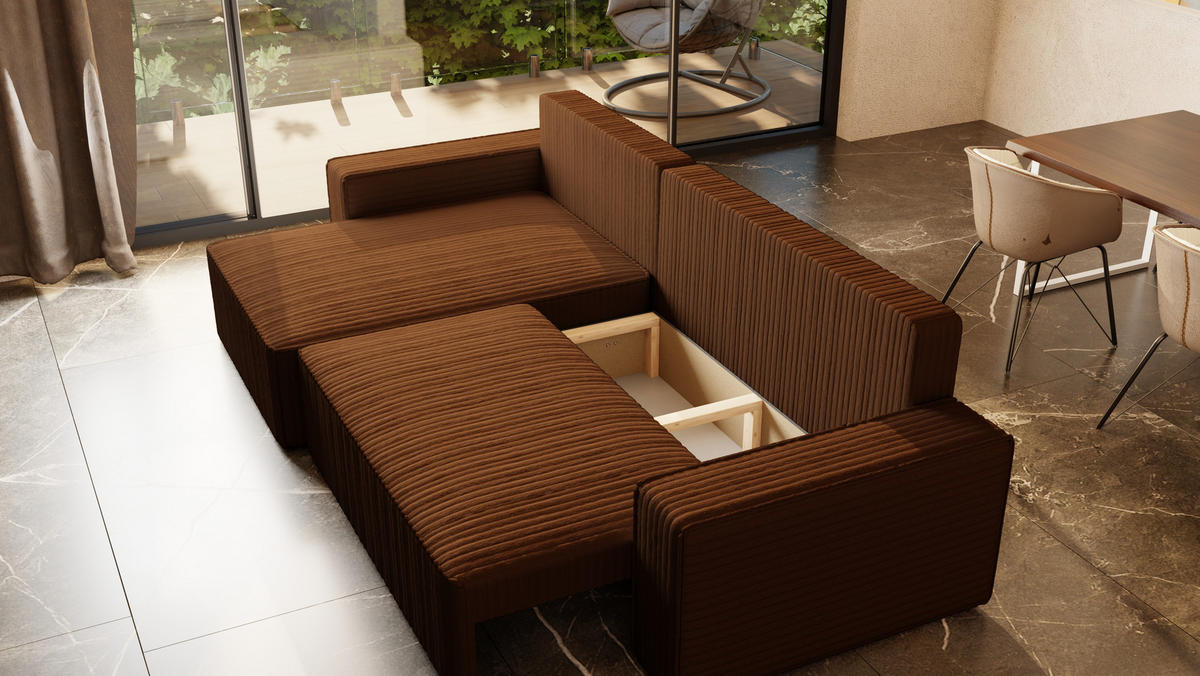 ECKSOFA Tobi mit Bettkasten und Schlaffunktion, L-Form/XL-Form, Cordstoff, Universal - Braun, Holzwerkstoff (276/145cm) - 4ALL HOME
