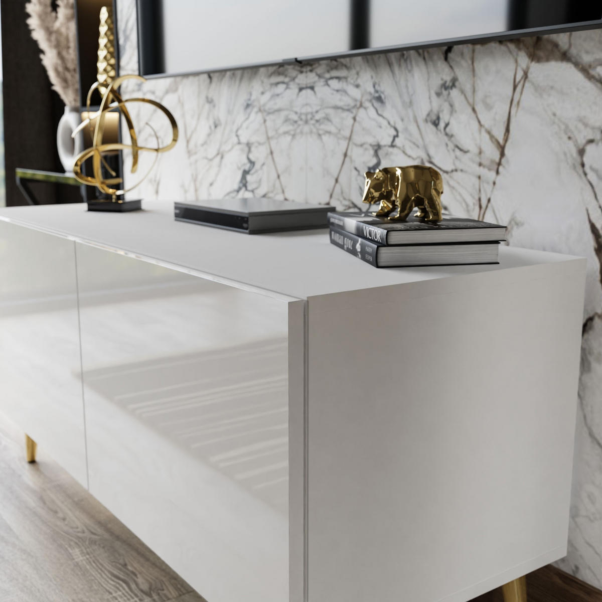 TV-ELEMENT AURA 100 Weiß Hochglanz mit LED-Beleuchtung – Beinfarbe: Gold - Weiß, Holzwerkstoff (100/49/40cm) - Lookway