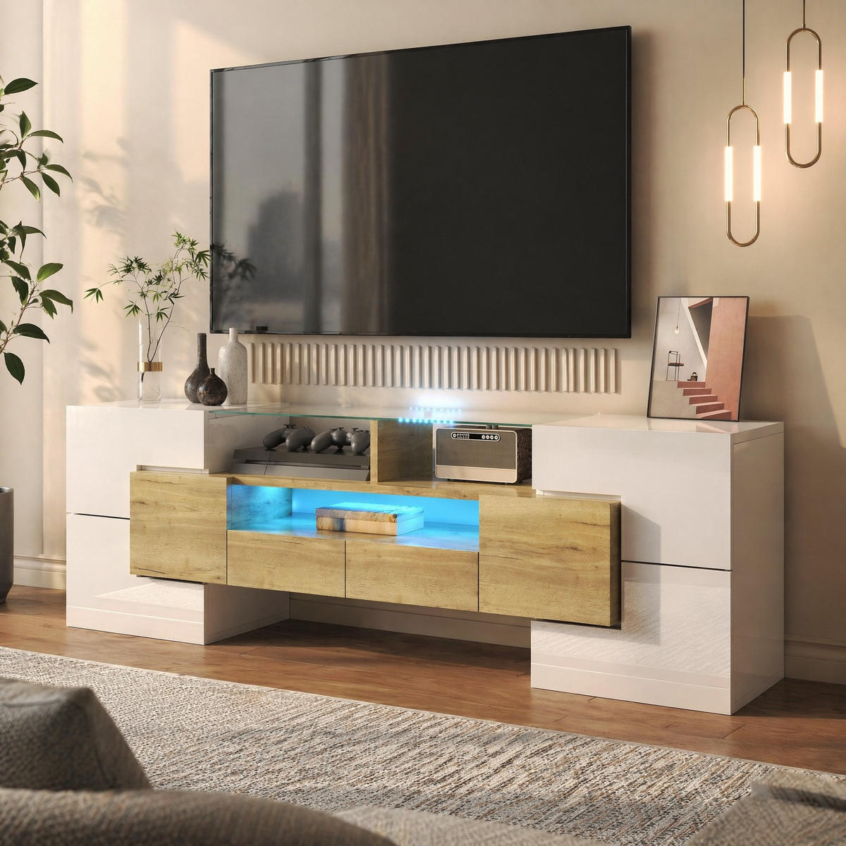 LOWBOARD in Weiß und Goldfarben TV Schrank mit LED, hochglänzend, Glasoberfläche für Wohnzimmer, B145/T30/H51 cm - Goldfarben/Weiß, Glas/Holzwerkstoff (145/51/30cm) - STILVORA