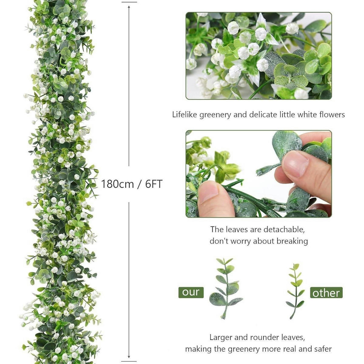 GIRLANDE 2-teiliges Set Künstlicher Eukalyptus mit weißen Blüten 180 cm - Multicolor, Kunststoff (10cm)