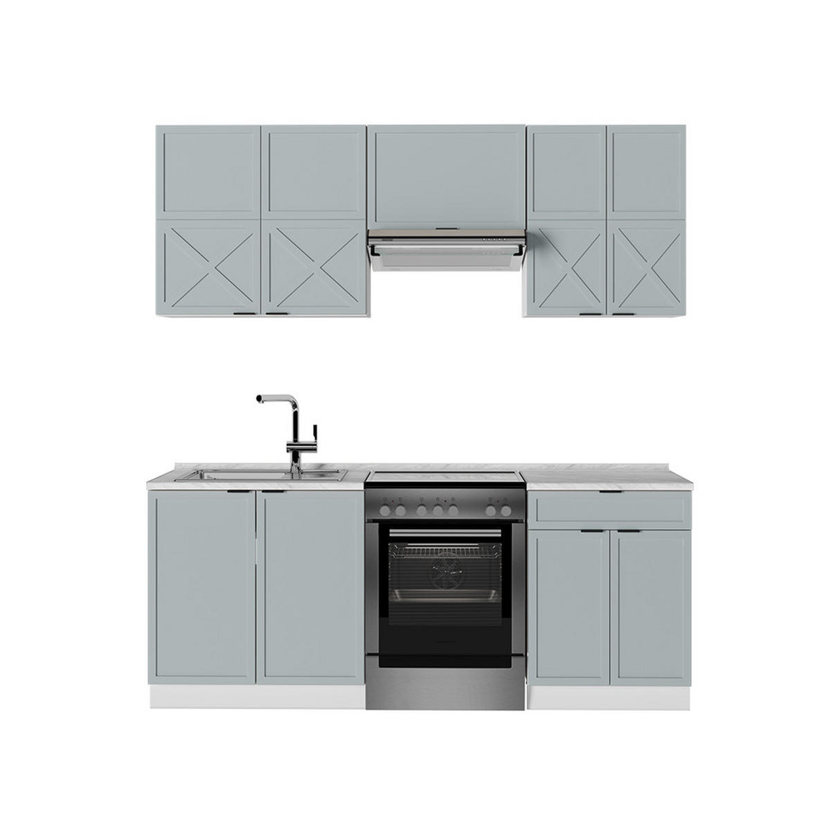 KÜCHENZEILE Fame-Line Hellblau-grau/Weiß 200 cm, AP Marmor - Blaugrau/Weiß, Holzwerkstoff (200/81.6/60cm) - Vicco