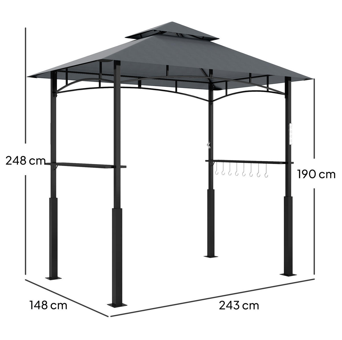PAVILLONS aus Metall 243x148x248 cm in Dunkelgrau mit LED-Magnetlicht - Dunkelgrau, Metall (243/248/148cm) - Modfu