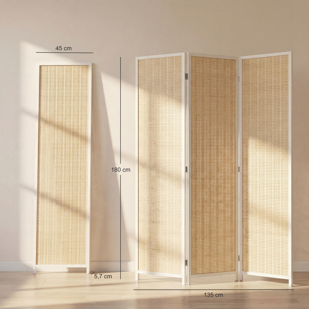 PARAVENT 3-tlg DE-14372 faltbar mit Bambusgeflecht Weiß - Weiß, Naturmaterialen (135/180/1.7cm) - ComfortXL