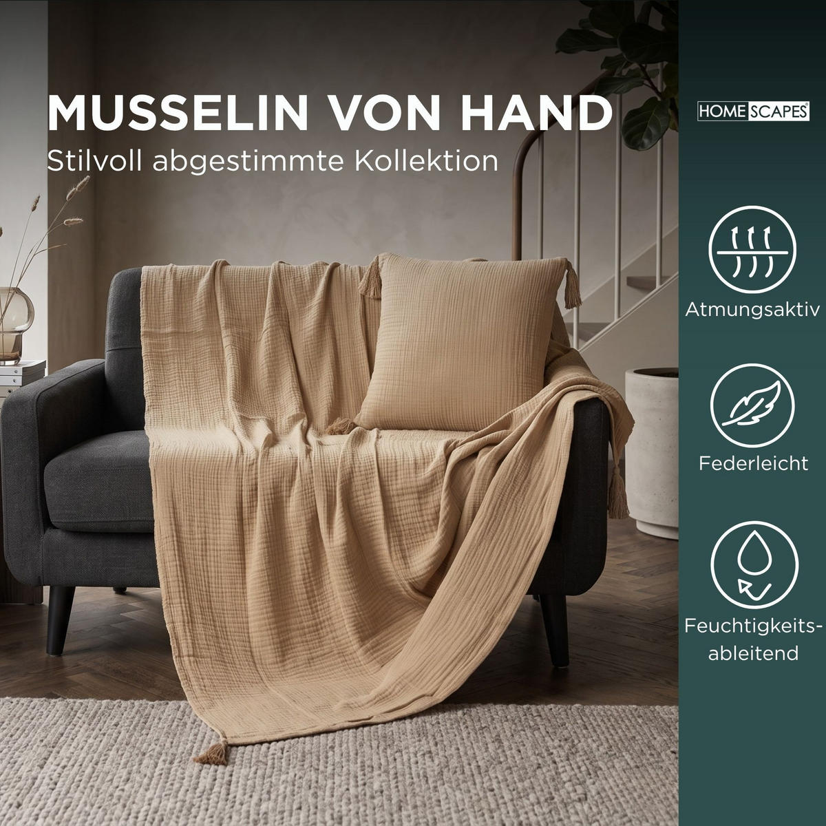 WOHNDECKE Musselin mokka mit Quasten - Mokka, Textil (127/180cm) - Homescapes