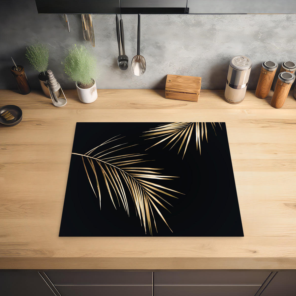 HERDABDECKPLATTE Blätter - Pflanzen - Gold - Schwarz - Luxus 59x52 cm - Goldfarben, Kunststoff (59/0.2/52cm) - MuchoWow