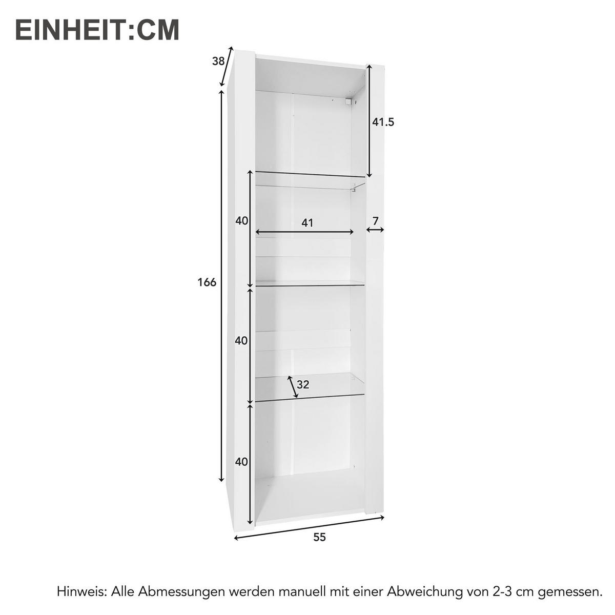 VITRINE 55/38/166 cm weiß aus Spanplatte mit Hochglanz und LED - Weiß, Holzwerkstoff (55/166/38cm) - OKWISH