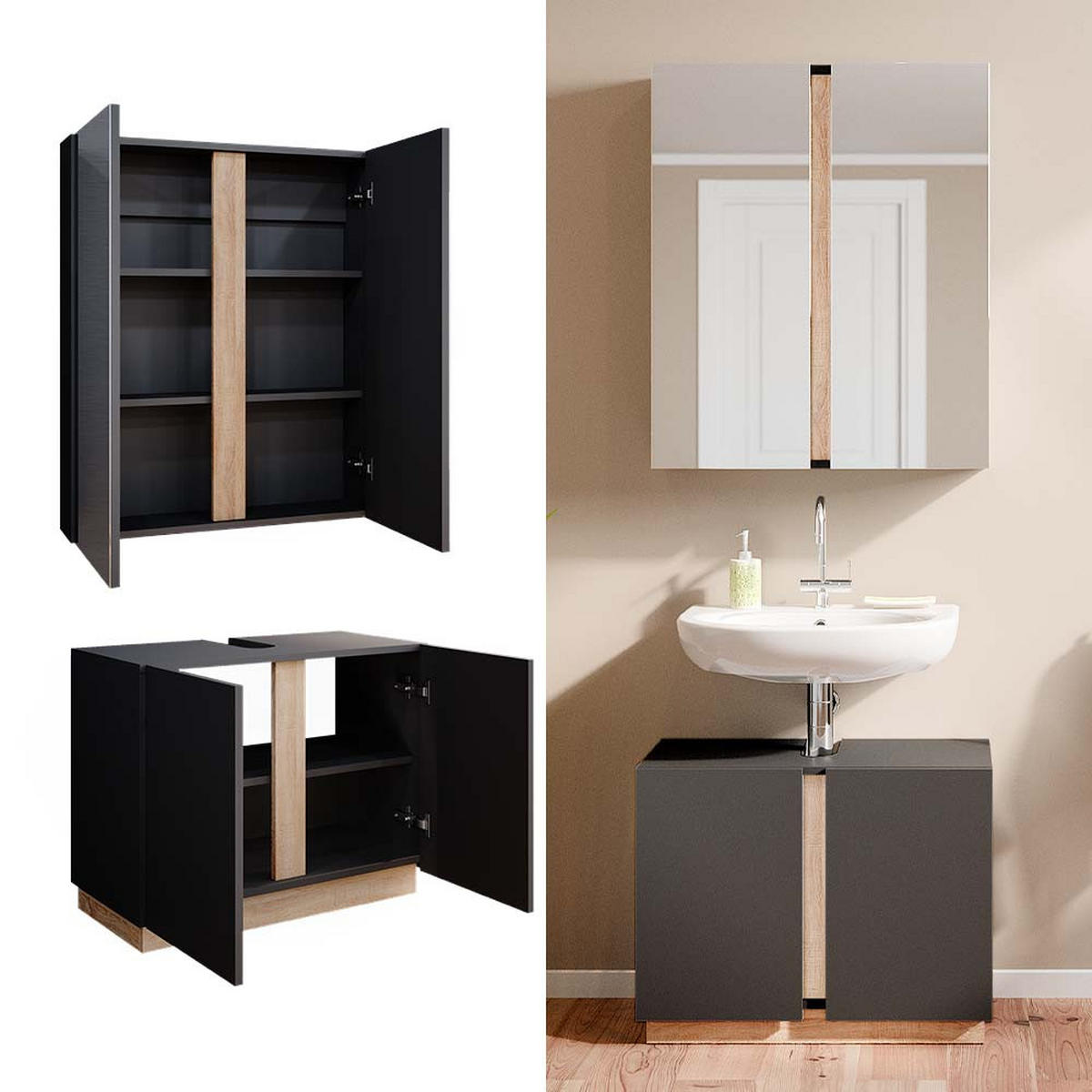 BADMÖBEL-SET Gloria Anthrazit 2 Teile - Anthrazit/Sonoma Eiche, Holzwerkstoff (70/55/34cm) - Vicco