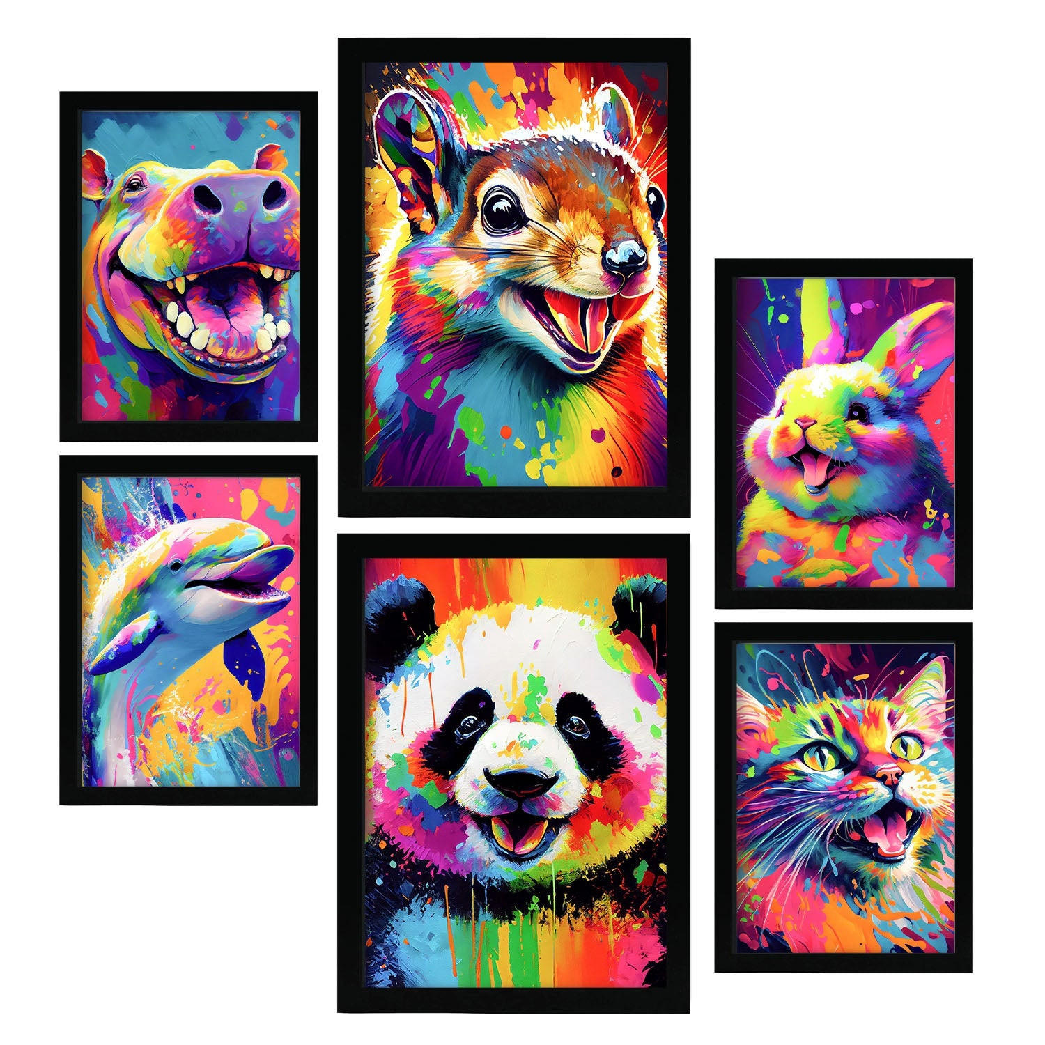 POSTER Set Mit 6 Entzückende Tiere Im Hochformat Lebhafte Aquarell Stil Illustrationen Von Lächelnde Tiere Innenarchitektur A3 & A4 Schwarzer Rahmen - Schwarz, Papier (29/3cm) - Nacnic