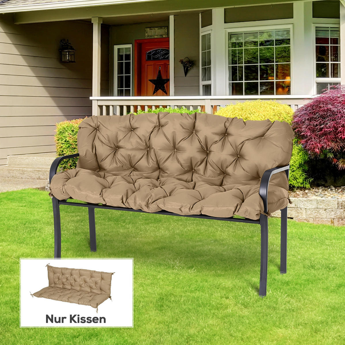 3 Sitzer Bankauflage 150x98x8 cm Bankkissen mit Bändern, Sitzkissen Stuhlkissen - Beige, Kunststoff (98/8/150cm) - Outsunny