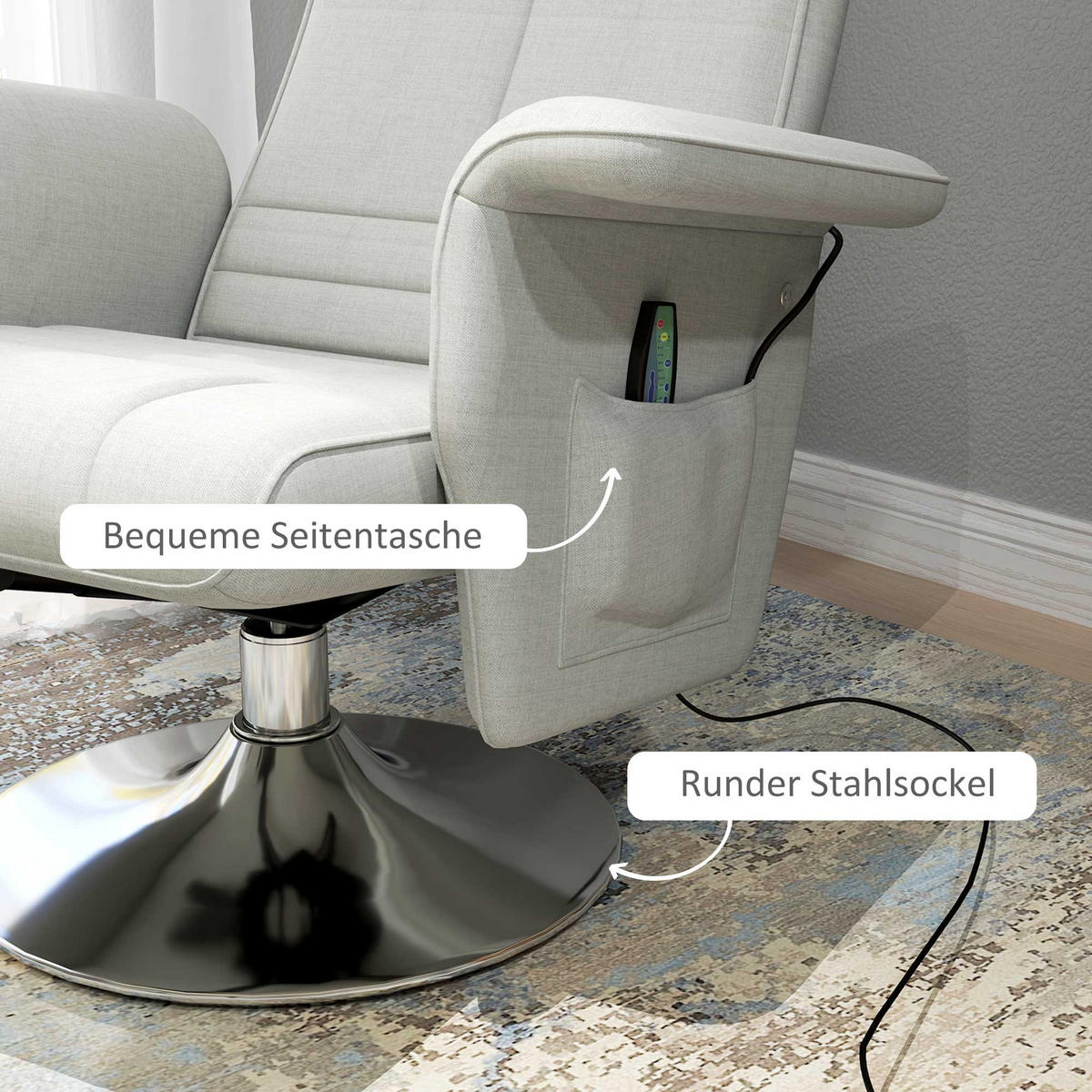 MASSAGESESSEL mit Fußhocker, elektrischer Relaxsessel mit Liegefunktion Creme - Silberfarben/Creme, Textil/Metall (95/88/78cm) - HOMCOM