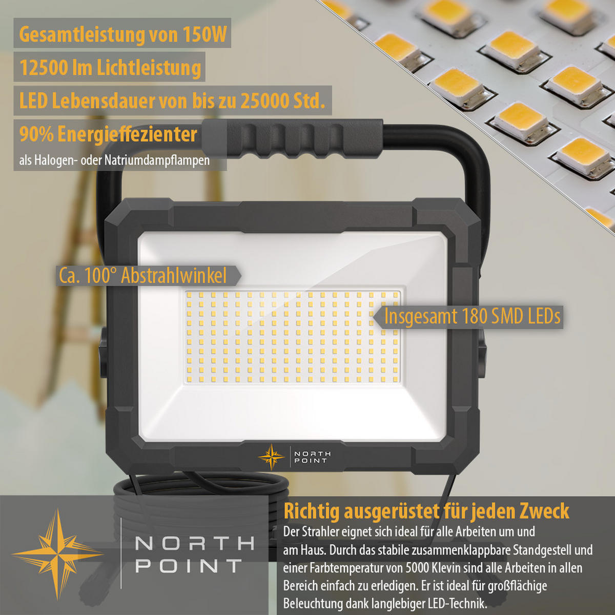LED-BAUSTRAHLER mit Standfuß - 150W für Innen und Außen, spritzwassergeschützt, ideal für Handwerksarbeiten, 2er-Set - Schwarz, Metall (18.3/34.6/41.4cm) - Northpoint