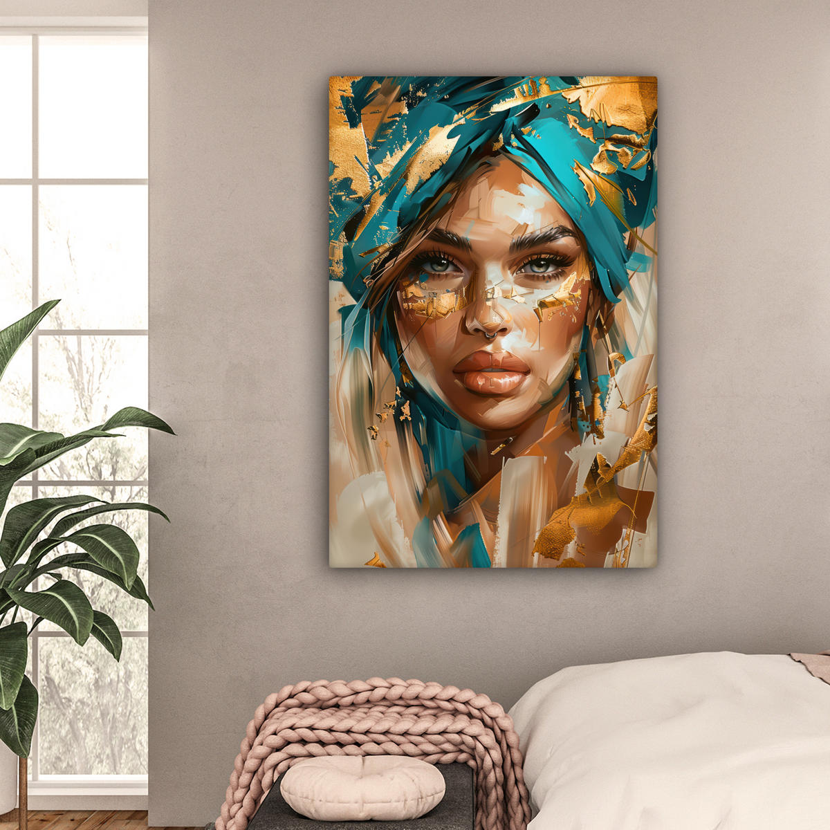 LEINWANDBILD - Frau - Porträt - Gold - Luxus - Blau - 80x120 - Wanddeko - Türkis, Textil (80/120cm) - MuchoWow