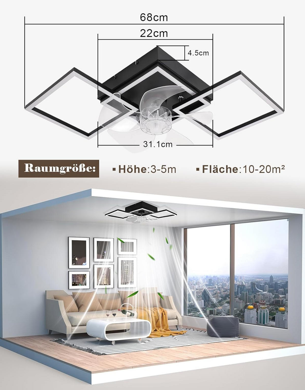 LED stropní ventilátor 31/68/14 cm - černá, kov (68/31/14cm) - Nettlife