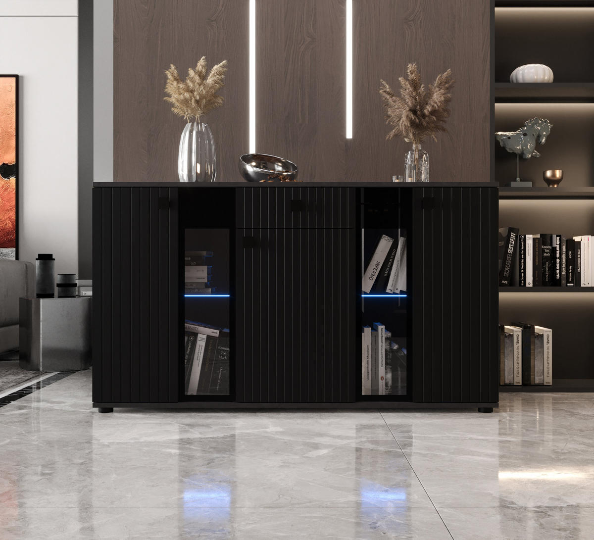 KOMMODE London LSMK LAMELE mit 3 Türen, Sideboard in Farbe: Schwraz, Größe: 140 x 80 x 40 cm - Schwarz, Holzwerkstoff (140/80/40cm) - O-Sofa