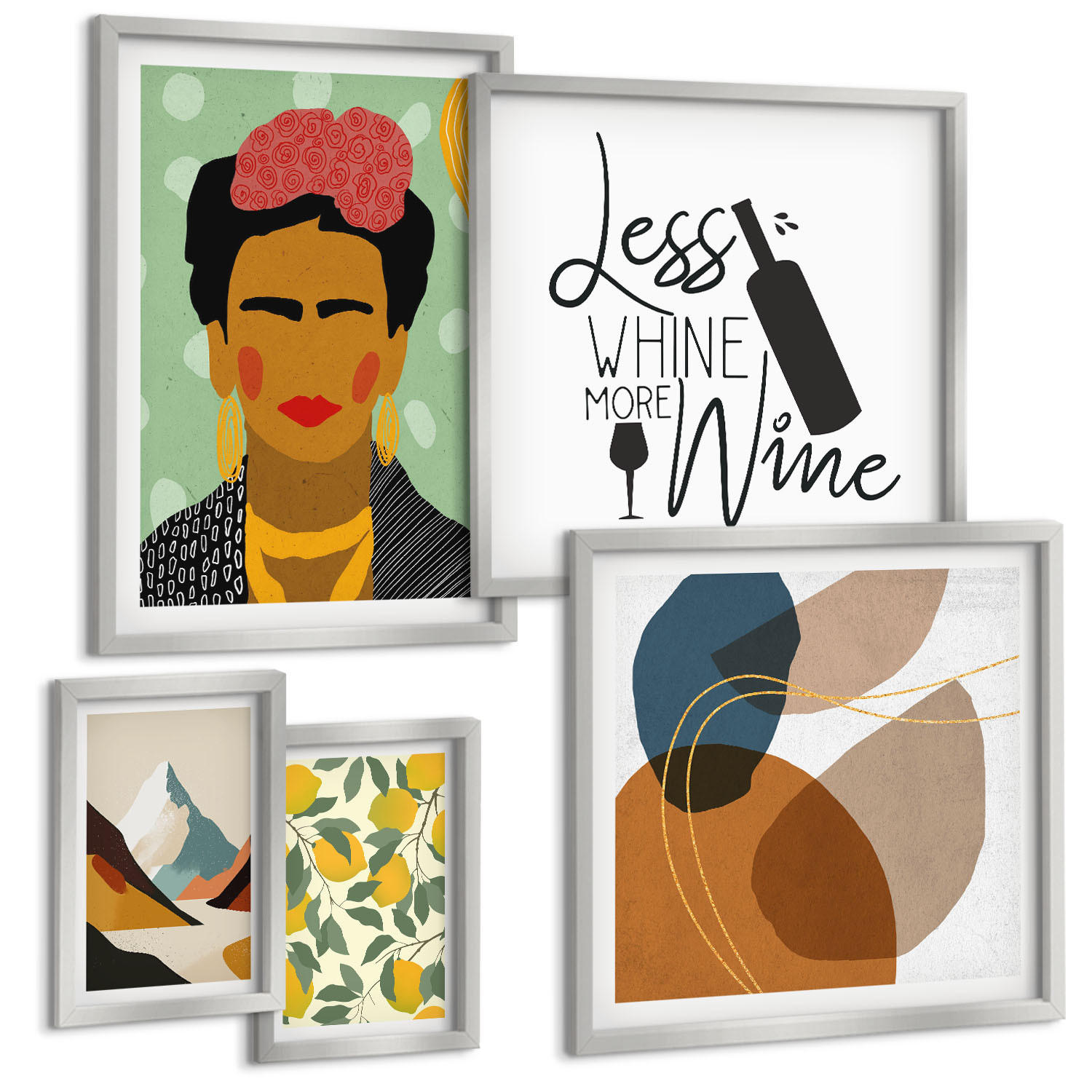 BILDER SET 5er Set - 50x50 cm & 20x30 cm & 40x60 cm Silberner Rahmen - Zitronenweinporträt von Frida - Silberfarben, Kunststoff (40/60cm) - TULUP