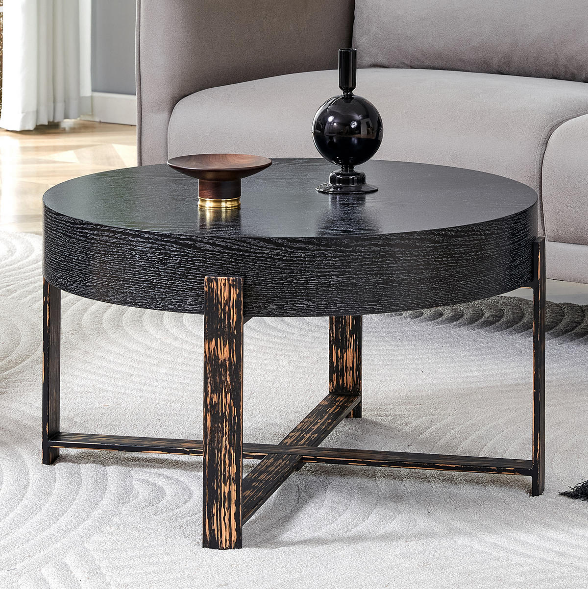 BEISTELLTISCH aus MDF und Metall 68x68x39 cm Schwarz mit Kreuzgestell und rutschfesten Füßen - Schwarz, Holzwerkstoff (68/68/39cm) - Modfu