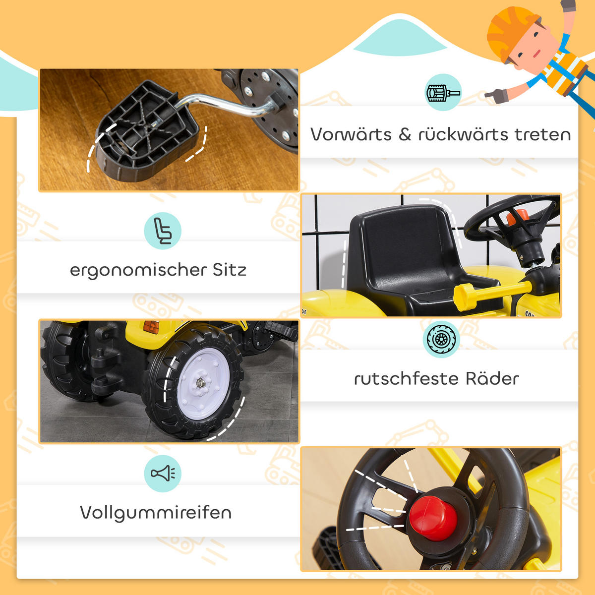 KINDER-RADLADER Kinderbagger Tretauto für 3-jährige Kinder mit Pedalen Gelb - Schwarz, Metall (114/41/52cm) - HOMCOM