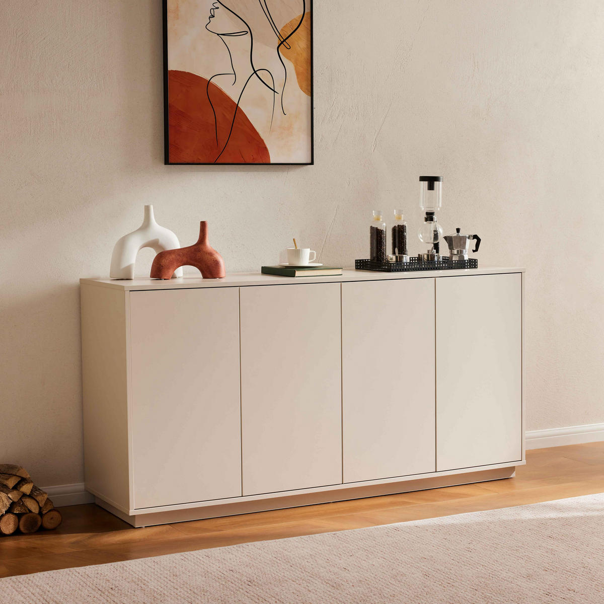 SIDEBOARD 160 cm, Ekru - Weiß, Holz (45/80/160cm) - Oviala