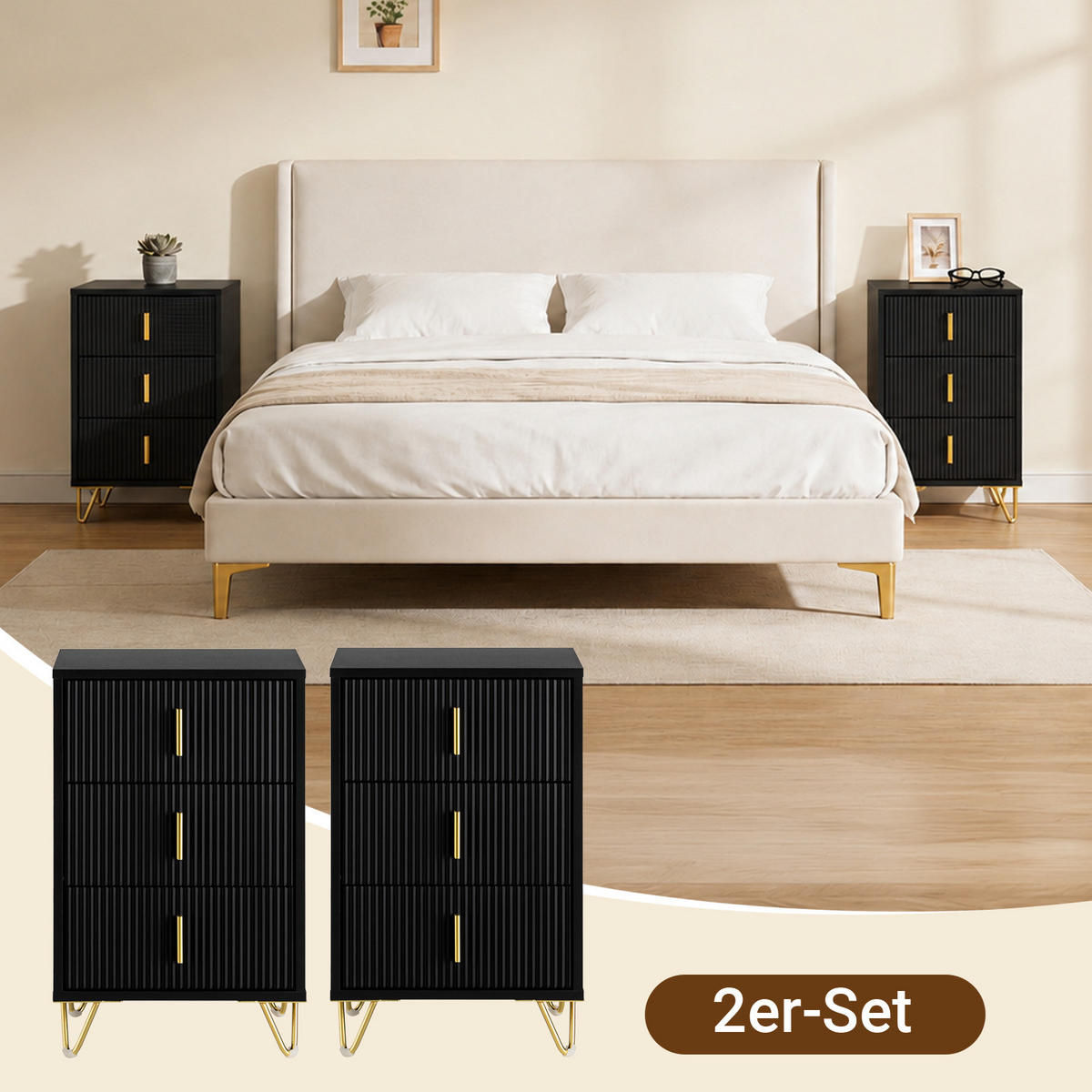 NACHTTISCH mit 3 Schubladen FBT115-L-SCHx2 - Schwarz, Holzwerkstoff (40/63/36cm) - SoBuy