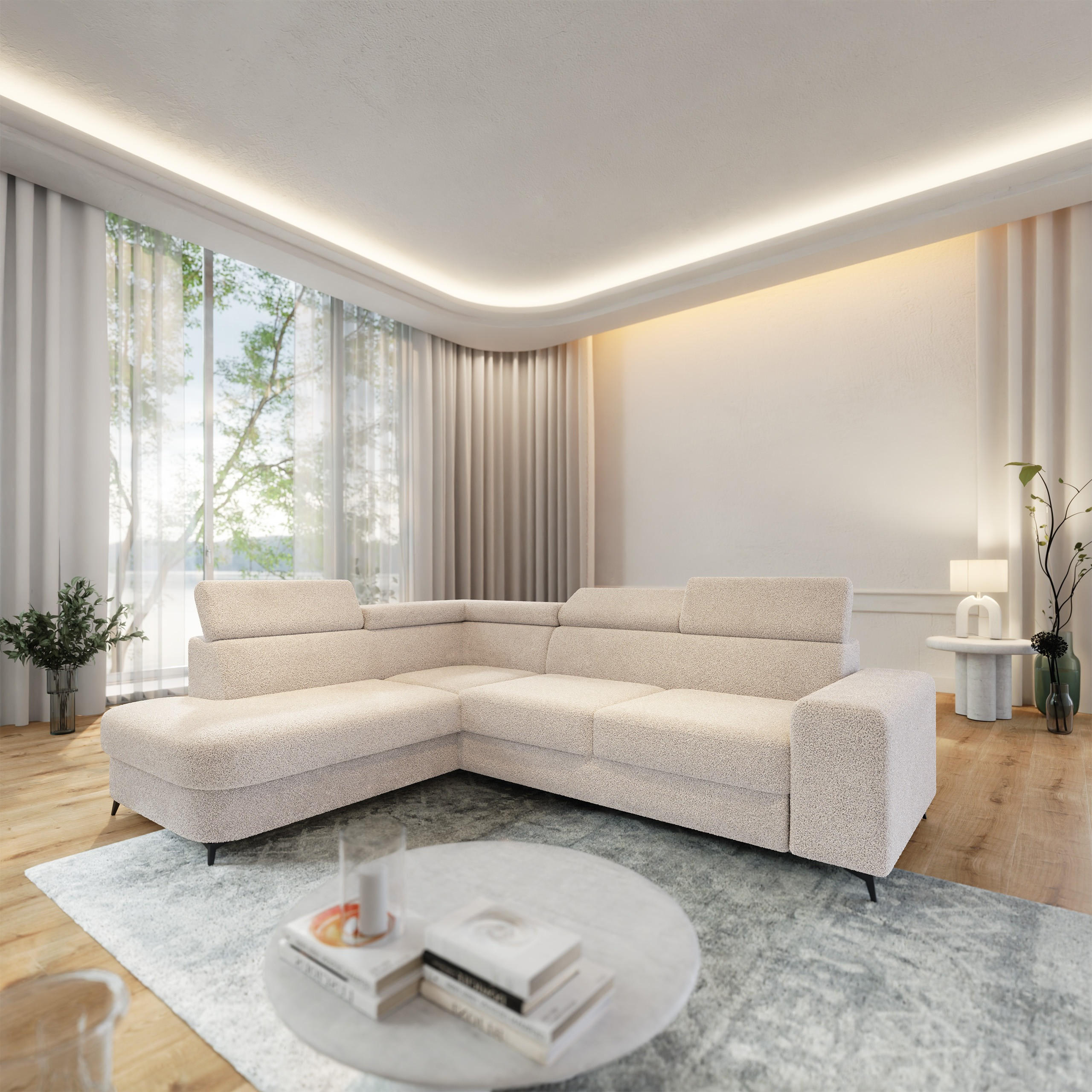 ECKSOFA ALVORO L-S Creme Boucle-Stoff mit Schlaffunktion - Creme, Holz (253/190cm) - MASSENO