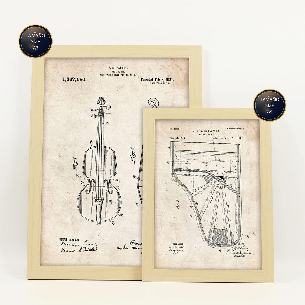 POSTER Set Mit 6 Mit Saiteninstrument Patenten Im Vintage Stil A3 & A4 Rahmen Aus Hellem Holz - Beige, Papier (29/3cm) - Nacnic